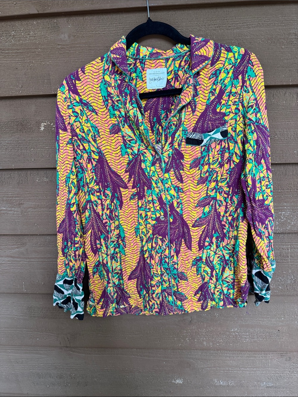 Anthropologie Multicolor Floral Button-Front Top — Yellow, Purple, Green size S